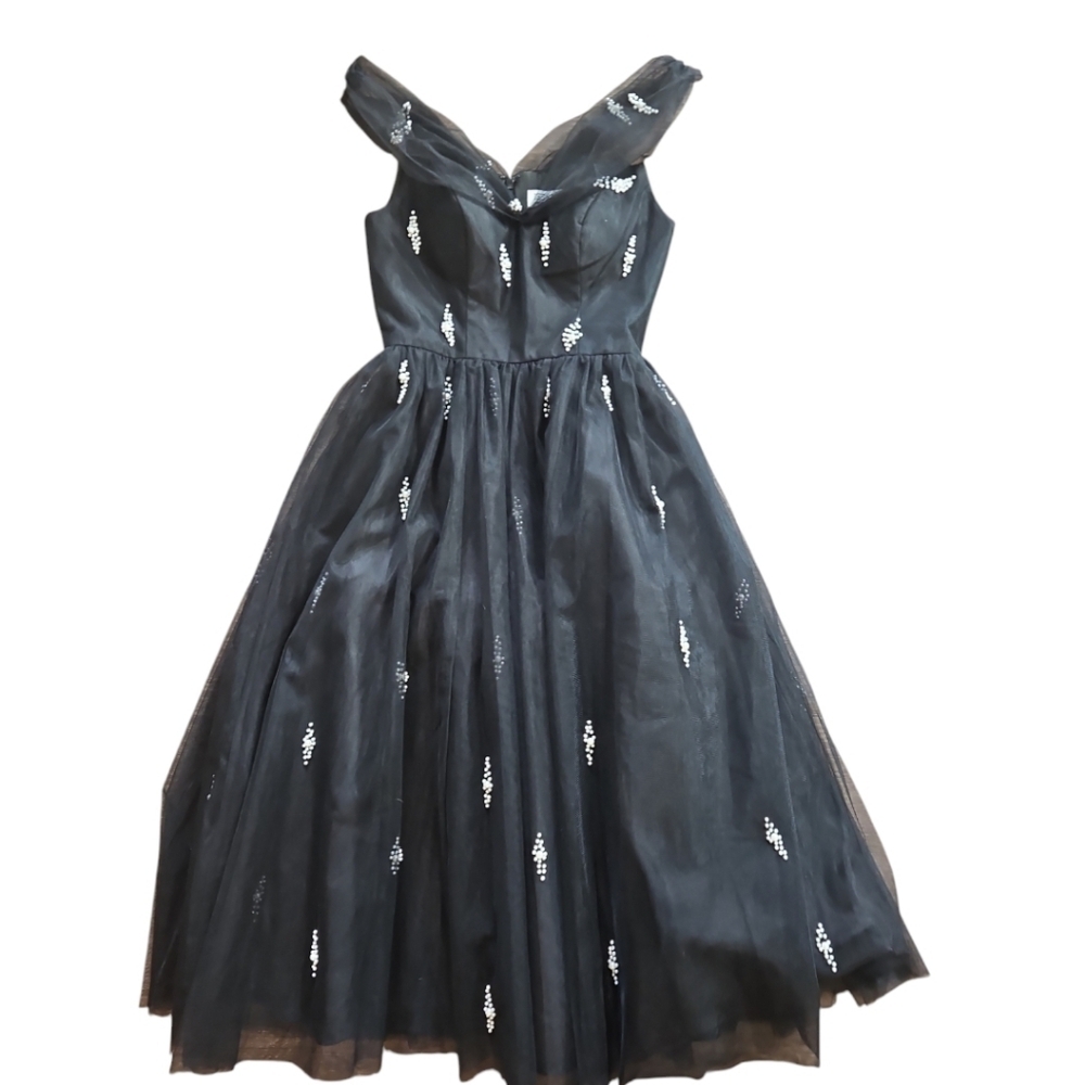 NWT Mac Duggal Black Embellised Tull Off The Shoulder Midi Dress Sz 2 - Picture 6 of 13